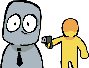 a grey figure wearing a black tie, a featureless yellow figure behind them pointing a handgun at them